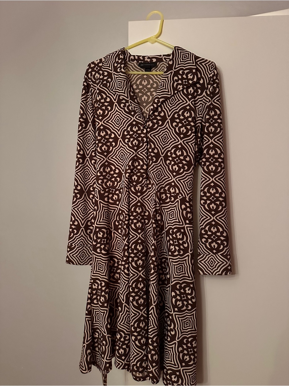 INC International Concepts Brown and Cream Geometric Long-Sleeve Dress
